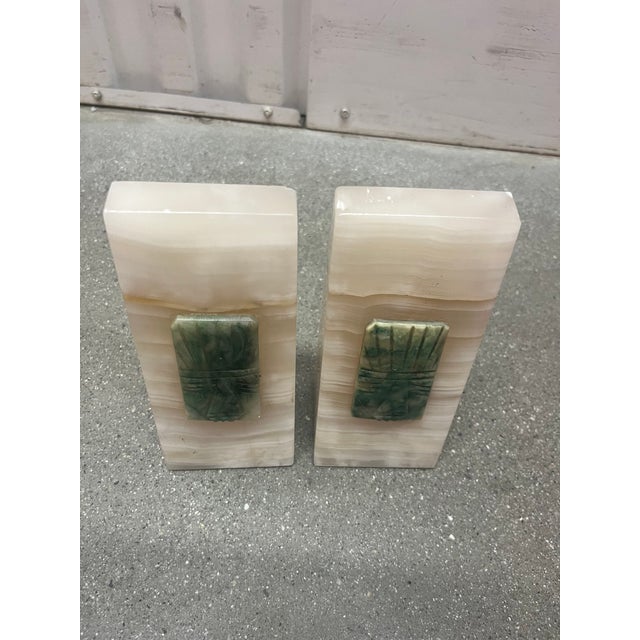 Mid 20th Century Marbled White Onyx & Carved Jade Green Bookends - a Pair For Sale - Image 4 of 4