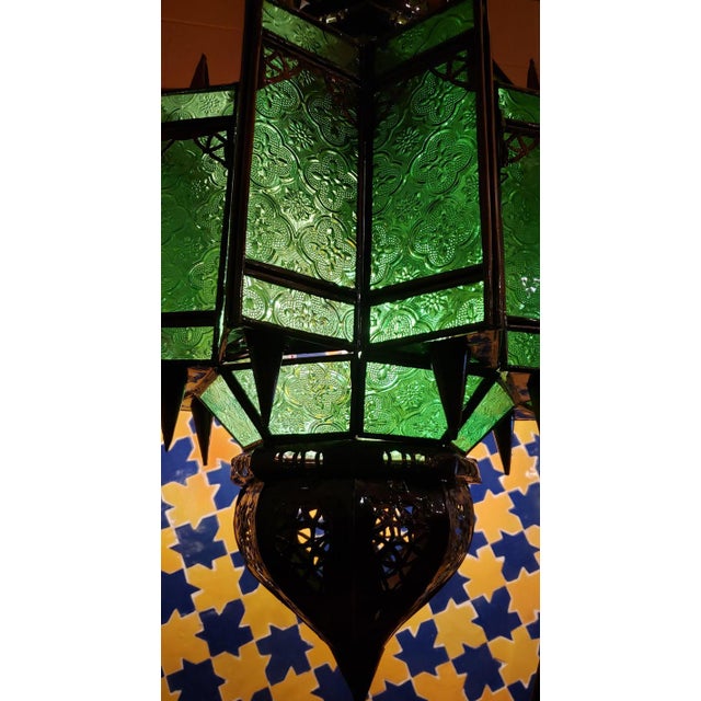 Metal Moroccan Makki Style Green Glass Lantern For Sale - Image 7 of 9