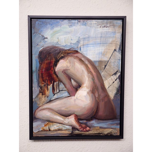 This oil on panel work presents a figure in a contemplative pose, emphasizing the curves and contours of the human form....