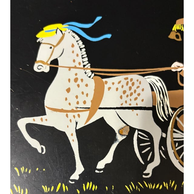 Mid-Century Modern Hand Painted Horse Drawn Carriage Black Metal Tray by Clement For Sale - Image 3 of 7