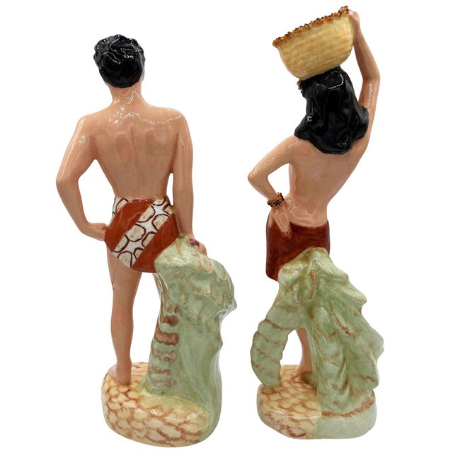 Mid-Century Modern Mid 20th Century Hand Painted Hawaiian Hula Girl & Native Male Ceramic Statue Set For Sale - Image 3 of 5