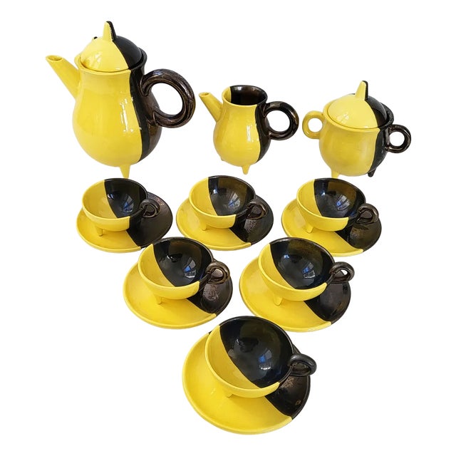 Vintage Two-Tone Ceramic Luc Coffee Service by Auguste Lucchesi, Vallauris, 1950s, Set of 15 For Sale