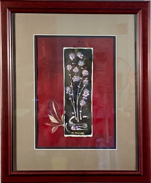 M. Miller Mid-Century Modern Floral Painting – Abstract Botanical on Red Ground, Framed