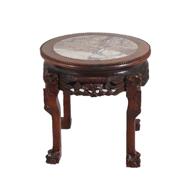Chinese Deeply Carved Hardwood & Inset Marble Round Plant Stand 20thC Measures - 18.5"h x 21.25"diam
