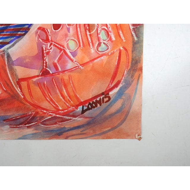 Vintage mid 20th century mixed media watercolor on paper abstract tribal style painting. Signed Loomis lower right....