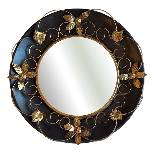 Vintage Round Wall Mirror with Black Metal Bracket with Brass Decorations, 1960s For Sale