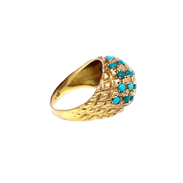Blue Mid 20th Century 18k Yellow Gold Vintage Turquoise Studded Ring, Size 5.5 For Sale - Image 8 of 10