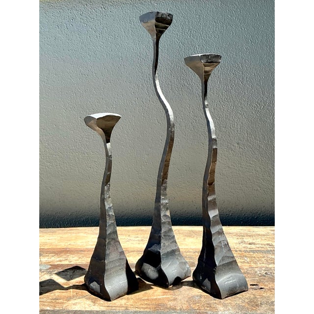 Vintage 1988 Hammered Iron Candlesticks - Set of 3 For Sale - Image 11 of 12