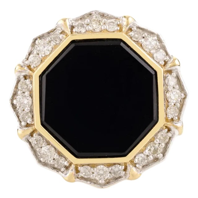 14k Yellow Gold Black Onyx Halo Diamond Cocktail Ring Size 6 For Sale