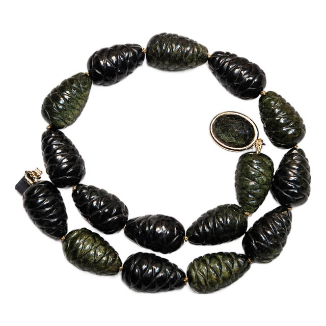 Natural Carved Golden Obsidian Beaded Necklace With Golden Obsidian Clasp, 17.5" For Sale