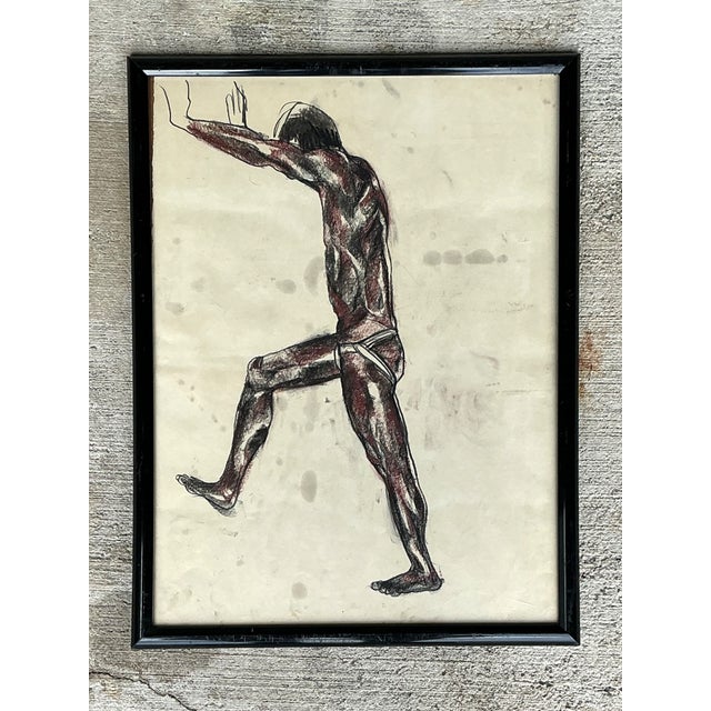 This vintage mid-century modern figurative drawing on paper showcases an expressive depiction of a male figure captured in...