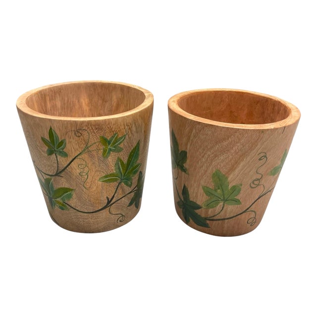 A Pair of Vintage Hand-Painted Ivy Teak Wood Cache Pots For Sale
