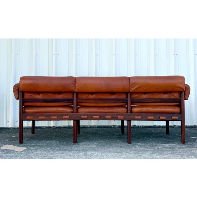 1960s Vintage Cognac Leather 3-Seater Sofa Attributed to Arne Norell for Coja For Sale - Image 5 of 11