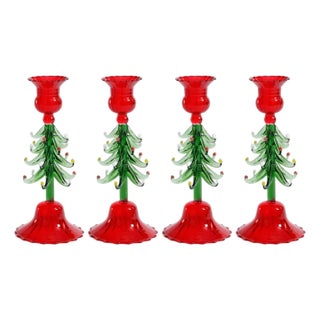 Red & Green Holiday Tree Taper Candle Holders, Set of 4, 8.25", For Sale