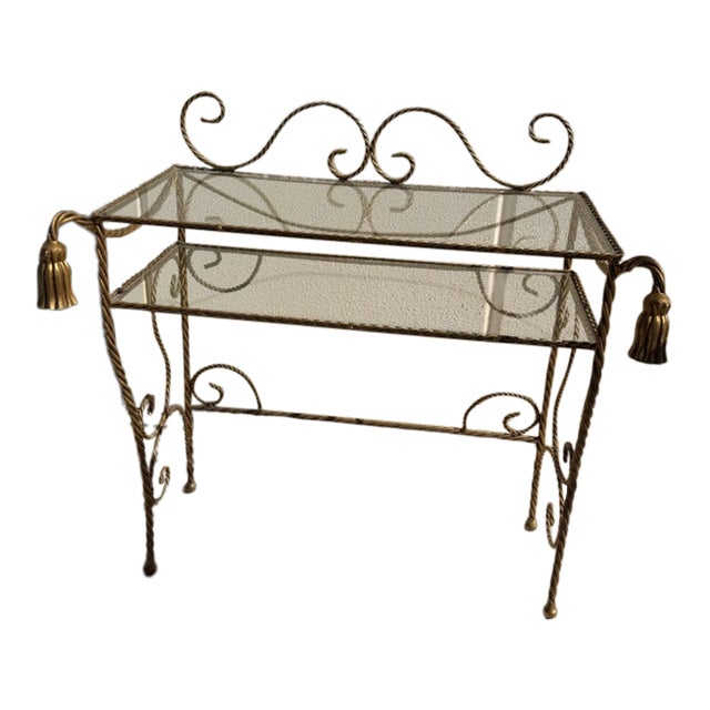 Vintage Hollywood Regency Gilt Rope & Tassel Glass Vanity Table For Sale