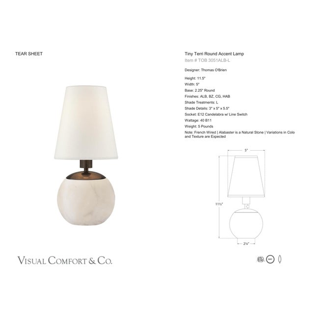 Thomas O'Brien by Visual Comfort Signature Tiny Terri Round Accent Lamp in Alabaster with Linen Shade Designer: Thomas...