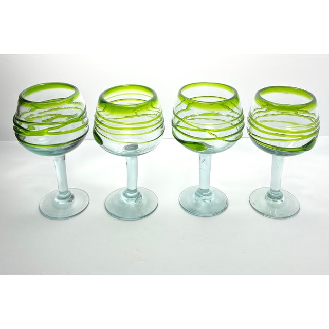 Mexican Set of 4 Lime Green Swirl Handblown Mexican Margarita, Water, Wine Glasses For Sale - Image 3 of 6