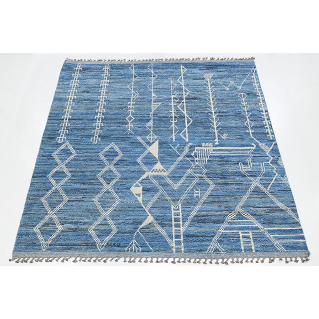 8 X 10 Contemporary Moroccan Style Wool Rug in Blue With Grometric Motifs For Sale - Image 4 of 11