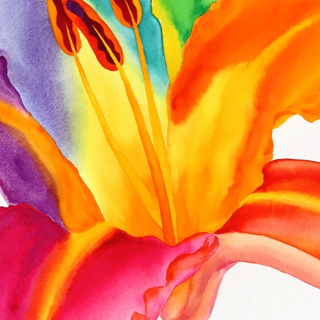 Rainbowland Daylily - Original Blue and Yellow Floral Watercolor Painting on Paper by Xiao Wen Xu For Sale - Image 4 of 6