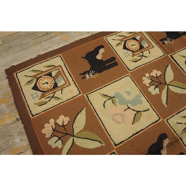 1970s Brown Vintage Animal Design Folk Art American Hooked Carpet Wool Rug For Sale - Image 9 of 12