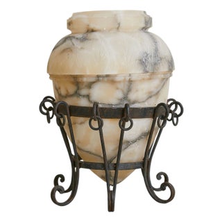 Vintage French Alabaster Vase with Wrought-Iron Stand - 2 Available For Sale