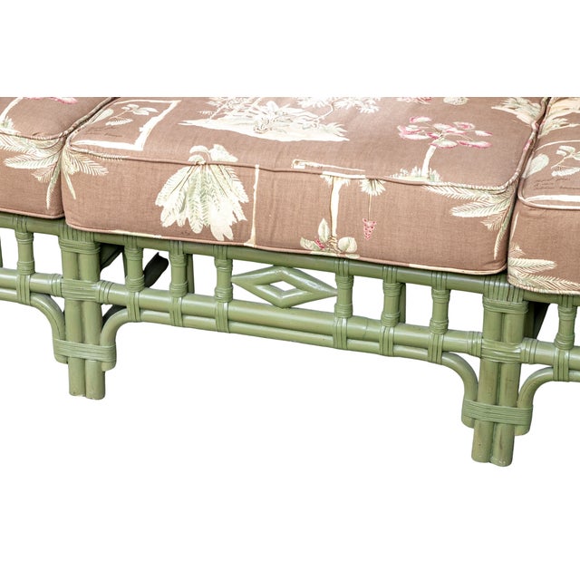 Tommy Bahama Sage Green Rattan Faux Bamboo Sofa With Botanical Upholstery For Sale In Raleigh - Image 6 of 10