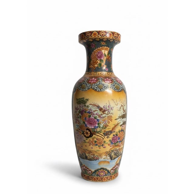 Ceramic Vintage Chinese Satsuma-Style Moriage Porcelain Floor Vase, 24” For Sale - Image 7 of 11