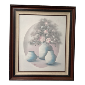 Vintage Still Life Oil Painting With 3 Vases and Flowers Artist Signed Framed