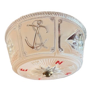 Vintage 1950s Nautical Ceiling Light Fixture Frosted Glass Shade Ships Anchors Compass Design For Sale