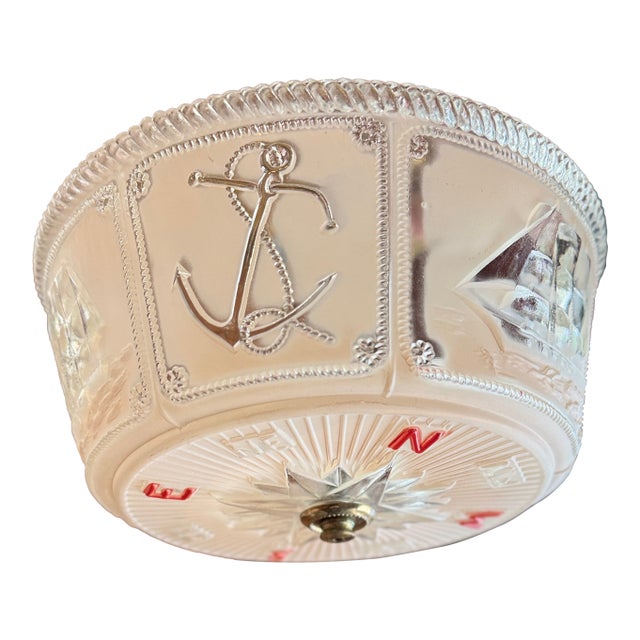 Vintage 1950s Nautical Ceiling Light Fixture Frosted Glass Shade Ships Anchors Compass Design For Sale