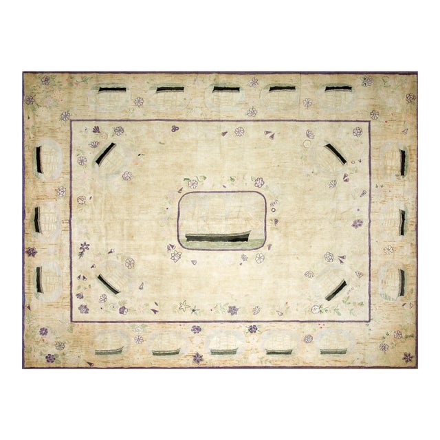 Superb White-Ivory Background Color in a Style Nautical Theme Antique American Hooked Rug For Sale
