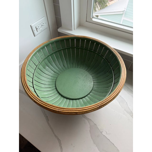 Large Bamboo Rattan Bowl in Natural and Green For Sale - Image 10 of 11