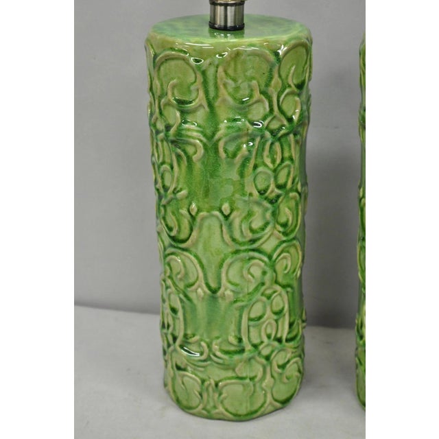 Contemporary Modern Green Glazed Ceramic Scroll Decorated Table Lamps - A Pair For Sale - Image 9 of 12