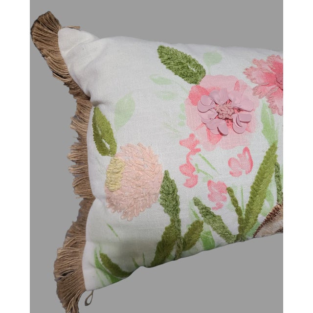 Early 21st Century Embroidered Floral Spring Garden Linen Fringe Lumbar Pillow For Sale - Image 5 of 12