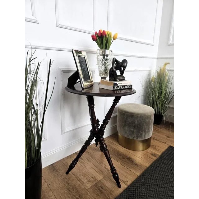 Antique Italian Round Walnut Tripod Side Table with Carved Bun Stretcher, 1890s For Sale - Image 3 of 10