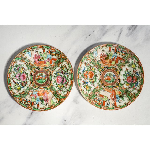 19th Century Wonderful Collection (4) Antique Chinese Export Small Rose Medallion Porcelain Plates Hand Painted Famille Rose Chinoiserie Home Decor For Sale - Image 5 of 18