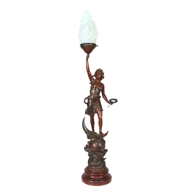 Antique Art Nouveau Wood Figural Newel Post Lamp For Sale