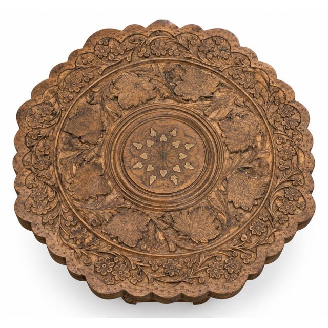 Antique Middle Eastern Octagonal Carved Side Table with Brass Inlay, 1890s For Sale - Image 6 of 8