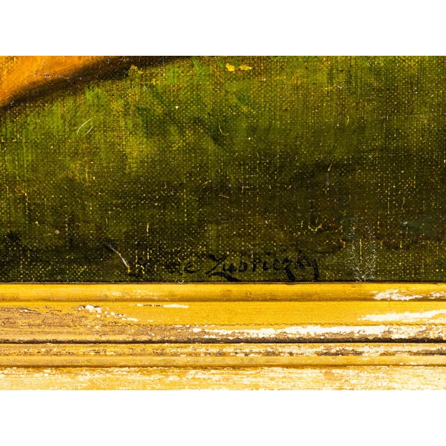 This large Rococo-style oil painting, signed Zubriczky, is a refined homage to the romantic compositions of François...