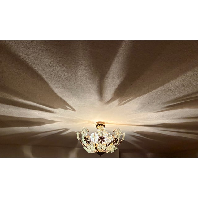 Vintage Water Green Floral Flush Mount Chandelier, Hand-Painted Glass Flower Ceiling Light, Mid-Century Brass Light Fixture - Pair For Sale - Image 6 of 17