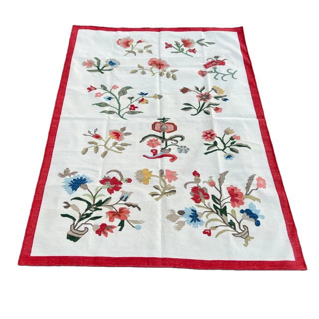 Handmade Cotton Flower Patterned Rug Cream With Blue Green Beige & Red Border -12'x15' For Sale - Image 9 of 11