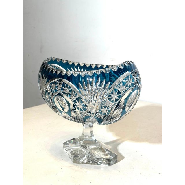 Elegant vintage crystal coupe bowl by Val Saint Lambert, Belgium, crafted in richly cut crystal with a deep cobalt blue...