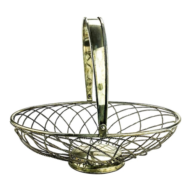 Vintage Silver Tone Wire Basket With Handle For Sale