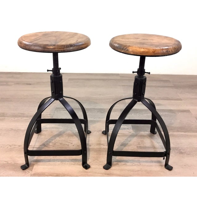 Wood Industrial Modern Wood and Metal Adjustable Counter Stool Pair For Sale - Image 7 of 7