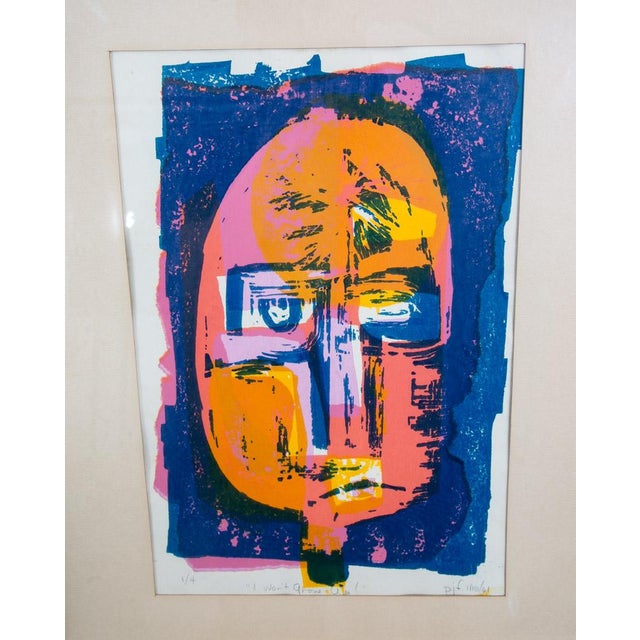 Hand printed colorful abstract portrait print by an artist by PJF, 1961 titled "I wont grow up" limited edition 1/4....