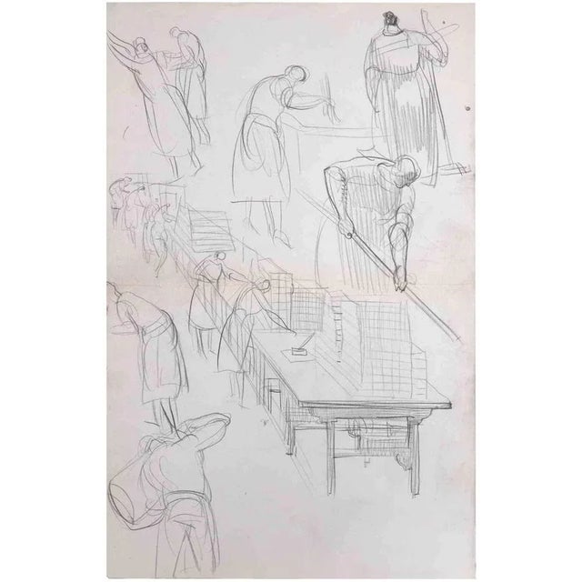 Sketches of Workers is a pencil Drawing realized by an Unknown artist in mid-20th Century. Good condition on a yellowed...