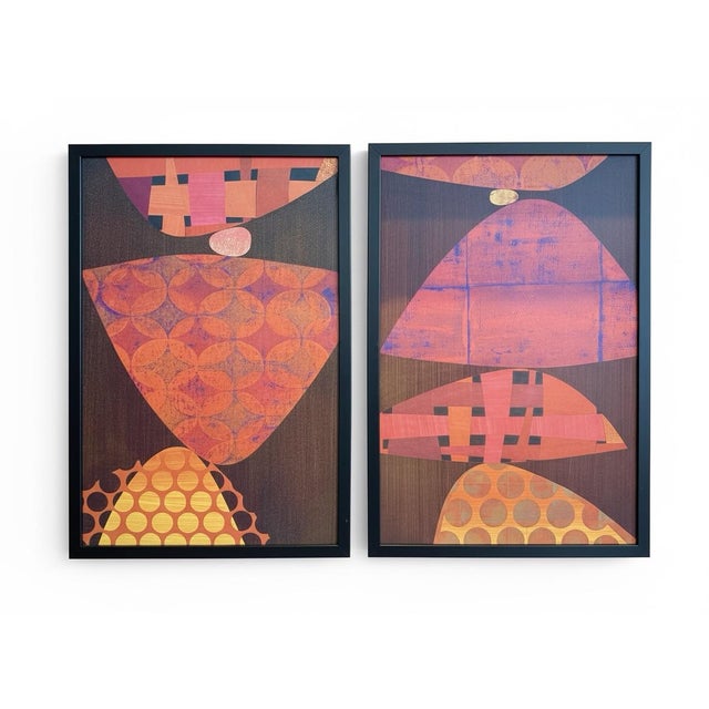 Wood Pair of Mid Century Style Framed Orange and Brown Abstract Prints For Sale - Image 7 of 7