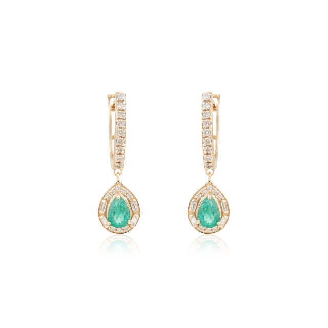 Art Deco Emerald & Diamond Halo Drop Leverback Earrings in 14k Gold- 2 Pieces For Sale - Image 4 of 11