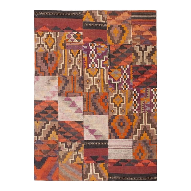 1930s Multi Geometric Antique Turkish Village Traditional Kilim Small Rug For Sale