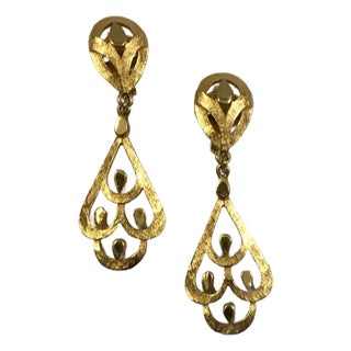 1970s Trifari Gold Art Deco Dangle Earrings, A Pair For Sale